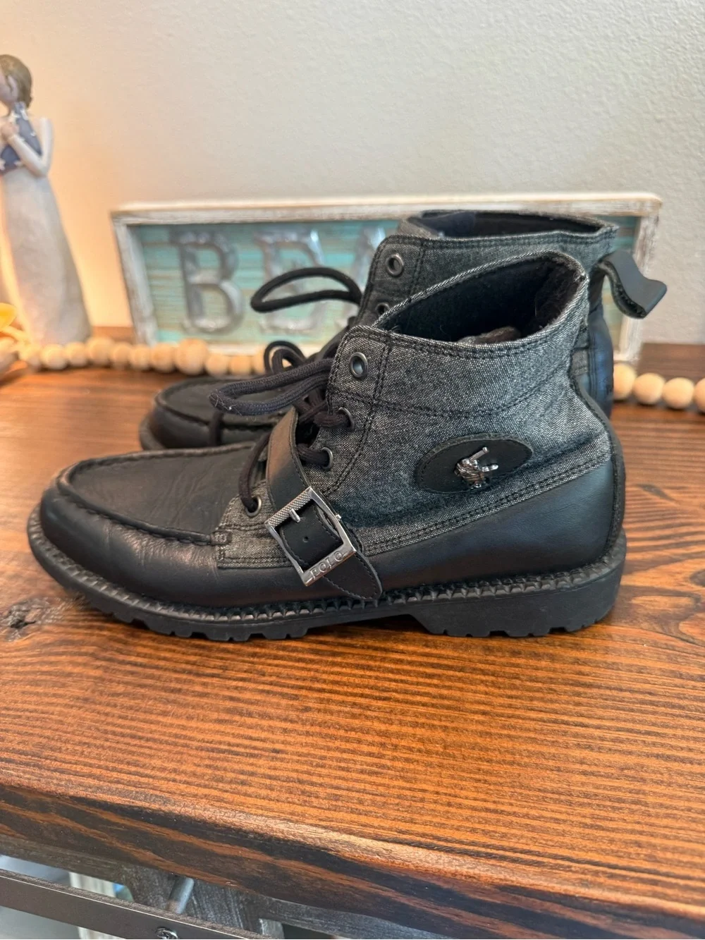 Polo Ralph Lauren Ranger Mid Boots Black Leather Canvas Boys 7 EU 40 Grunge Prep